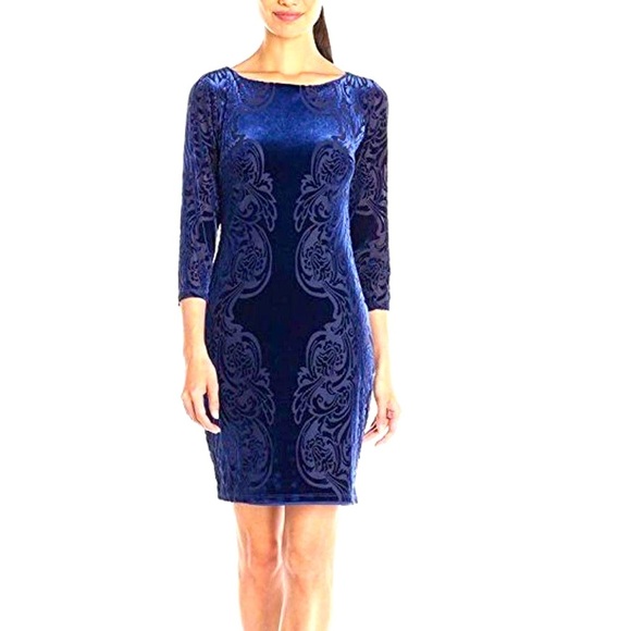 NWT Marina Royal Blue Stretch Velvet Burnout Placement Print Dress Size 18W - Picture 1 of 11